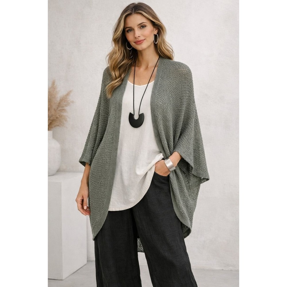 Green‎ Dolman Knit Cardigan One Size Minimalist Slouchy Lagenlook Boho Mori Girl
